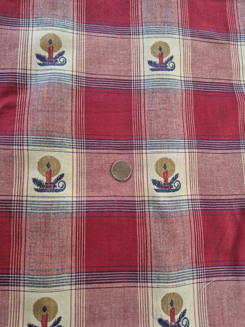 Christmas Embroidered Candles Red Plaid Cotton Fabric 1 7/8 Yards Sewing Quiltin